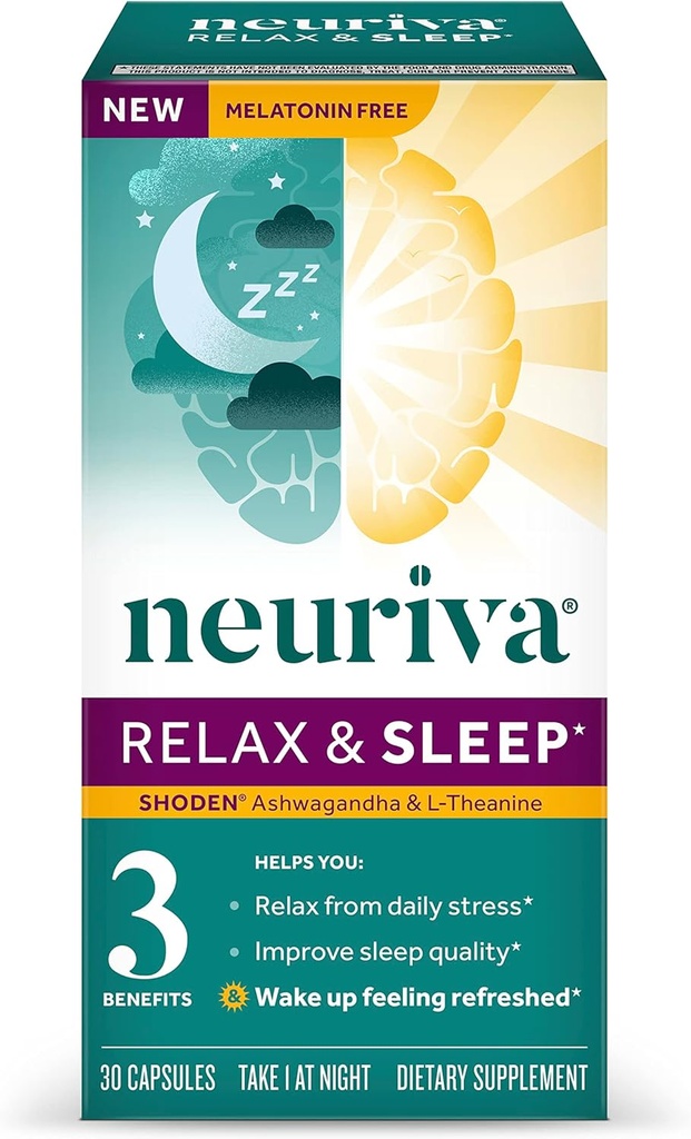 NEURIVA Melatonin Integratore naturale per l'aiuto al sonno con L-teanina per aiutarti a rilassarti e Ashwagandha per sostenere sonno riposante Così puoi svegliarti rinfrescante, 30ct Capsule