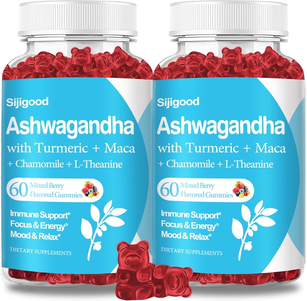 2 Pack Ashwagandha Gummies con L-teanina, Ashwa Root Supplemento Gummy per gli uomini delle donne, 120 bacche miste Gummies aromatizzato