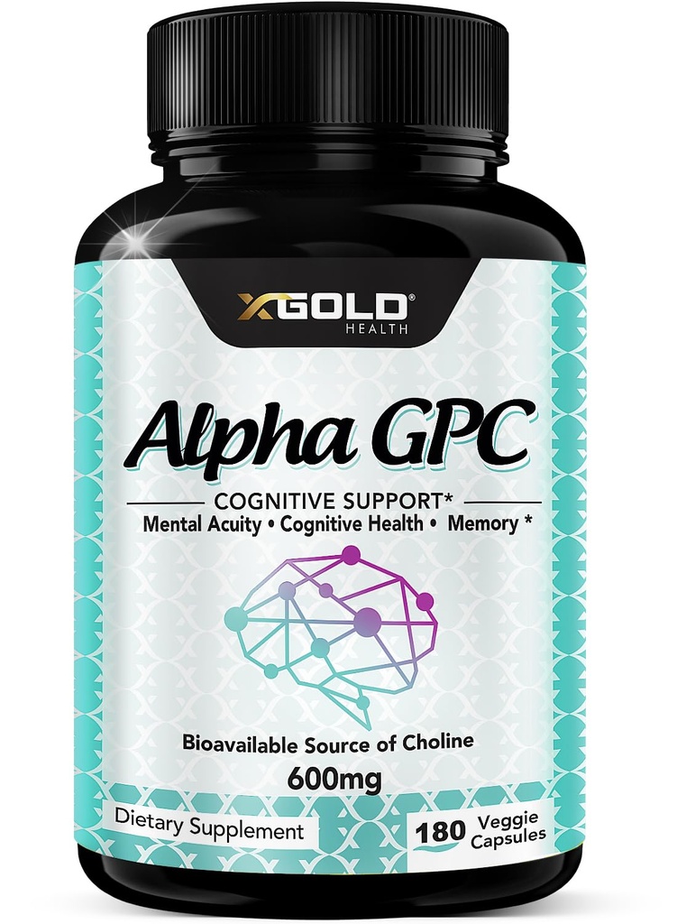 Alfa GPC Choline Supplemento 600mg, 99%+ Altamente purificato, Altamente Biodisponibile Fonte di Choline,180 capsule di verdure, Nootropic di potenziamento cognitivo, Supporta la memoria e la funzione del cervello, Boost Focus & Mood