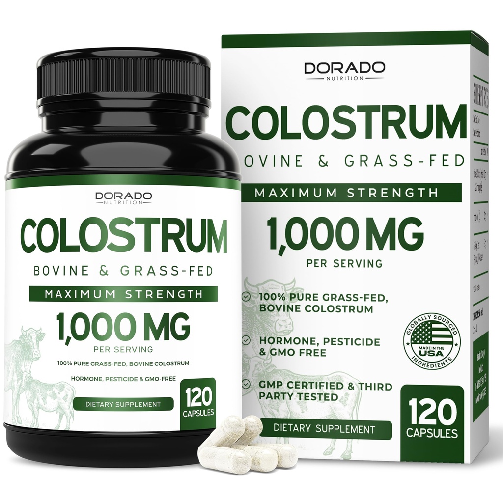 Colostrum Supplement (120 Count) 1000mg Per Serving (Bovine Colostrum Capsules from First Milking Only, Std. to Contain 20% IgG Immunoglobulins) - Grass Fed, No Fillers, Third Party Tested - USA Made