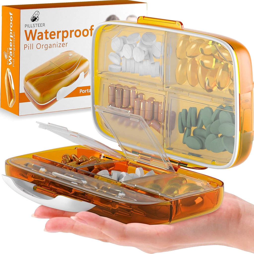 Travel Pill Organizer Medizin Spender - Moisture-Proof Pill Boxs und Organizer - Tragbare Vitamin-Containerhalter - 8 große Komponenten für Medikamente und Ergänzungen