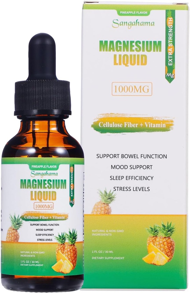 Magnesio Glycinate Liquid Drops, 1000mg Magnesio Liquido Supplemento con fibra di cellulosa, Bromelain, Vitamina B6, C, D, Zinco, Non OGM, Ananas Flavor(1fl oz)