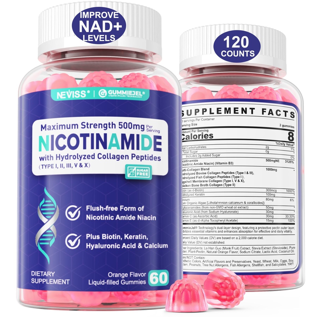 2 Pack - Nicotinamid 500mg Gummie, NAD+ Beilage für Damen und Herren w/ Collagen Peptide, (Flush Free Niacin) Vitamin B3 Niacinamid für Anti-Aging, NAD+ Ebenen, Langlebigkeit, Fokus & Gehirn, Zuckerfrei
