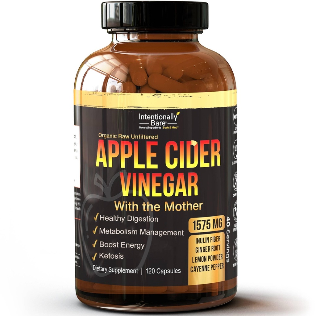 Beabsichtigt Bare Apple Cider Essig mit Mutter Kapseln - ACV Kapseln mit Ginger, Lemon, Cayenne und Inulin - Keto Friendly und Gluten frei für Energie, Immunität und Gut Gesundheit - 120 Kapseln