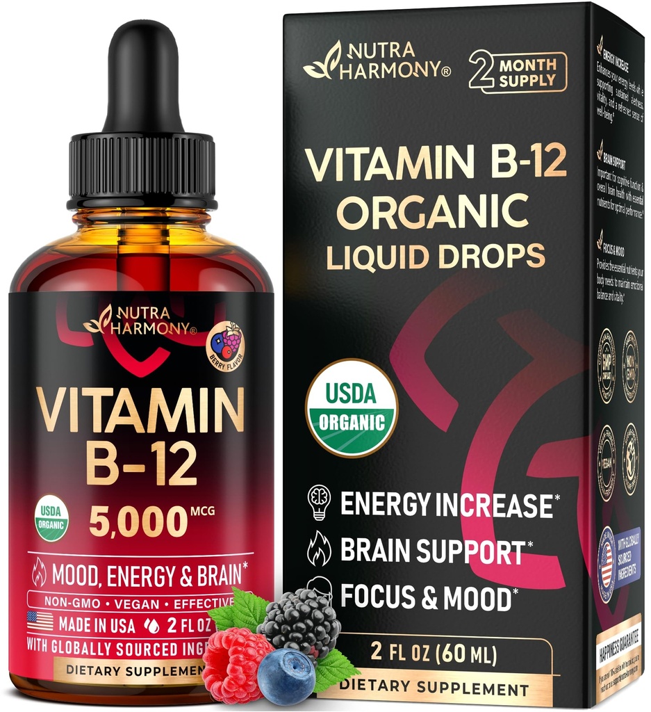 USDA Organisches Vitamin B12 Sublinguale Tropfen - 5000 mcg flüssiges veganes Methylcobalamin für Frauen und Männer - Energieschub, Fokus & Stimmung, Unterstützung der Gehirngesundheit - Maximierung der Absorption - 2 Monate Versorgung, 2 fl oz