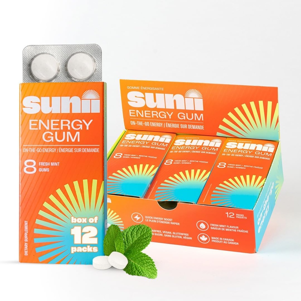Sunii - Gum énergétique - nouveau boost rapide énergie et focus - 50mg Gum caféine -Vitamines B6 & B12, Taurine, Vegan, Pas de sucre, Zero Calorie, goût de menthe fraîche - plus rapide que les ragoûts, boissons, gels et pilules (96pcs)