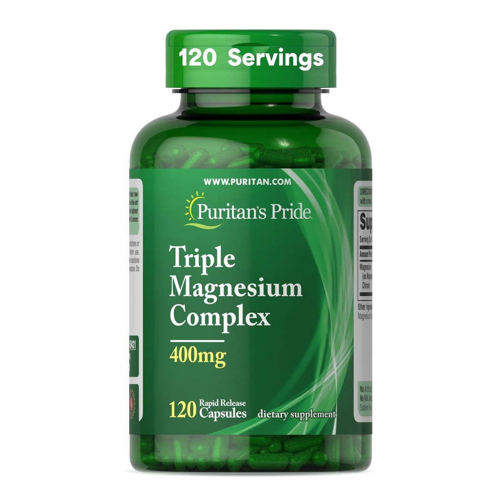 Complexe triple magnésium Pride de Puritan avec oxyde de magnésium, aspartate et citrate 400mg, supplément alimentaire pour les muscles, le coeur, le nerf et le soutien des os, 120 capsules à libération rapide