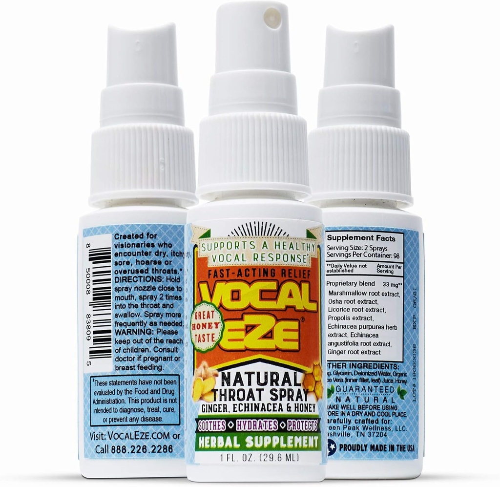 Vocal Eze Throat Spray | Relieve Sore, Hoarse, Fatigue, Trockenheit von Throat | Kräuter Immununterstützung, Alle natürlichen Inhaltsstoffe (1)