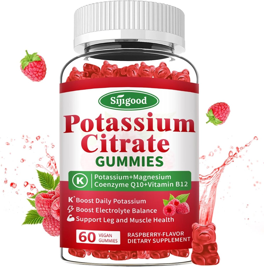 Kalium-Zitrat-Gummi-Ergänzung für Muskel-Gesundheit, Leg Cramp Relief & Elektrolyt Balance, Vegan, Non-GMO, Glutenfrei, Himbeer Geschmack, 60 Zähler