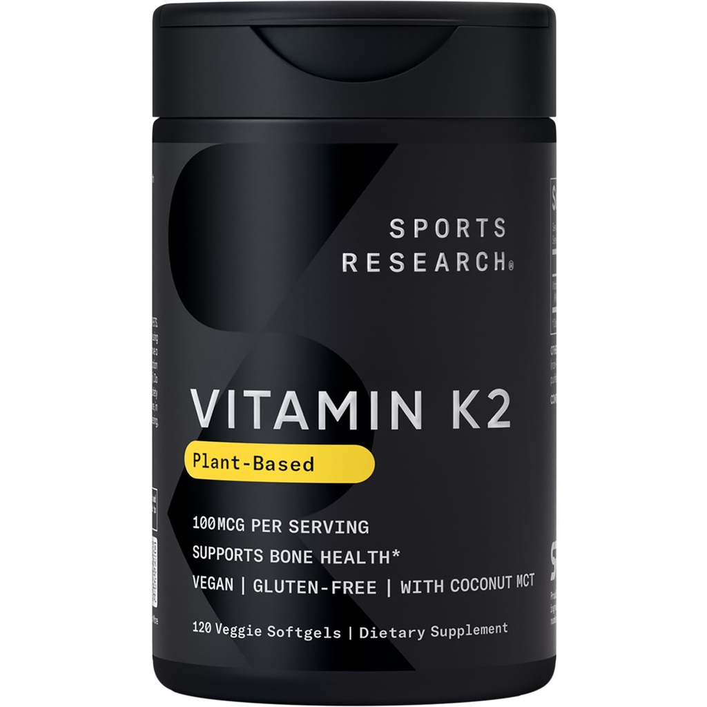 Sportforschung Vitamin K2 als MK-7 100mcg mit Kokosnuss-MCT-Öl - 120 Veggie Softgels (4 Monate Versorgung) Vegan zertifiziert, Non-GMO Verified, Gluten & Soy Free