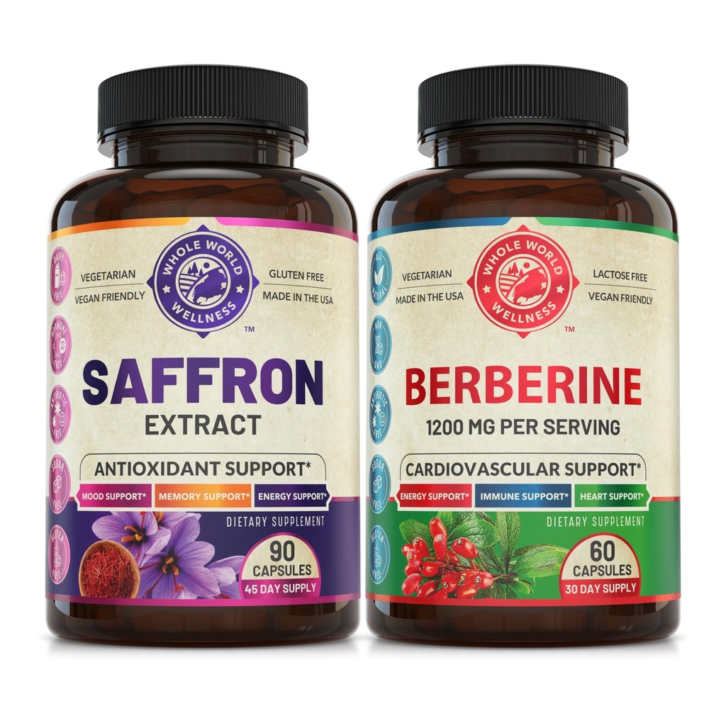 Pure Saffron Extract & Premium Berberine Bundle (una bottiglia ogni). Supporta Mood, Energy Boost, Funzione Metabolica. USA Made.