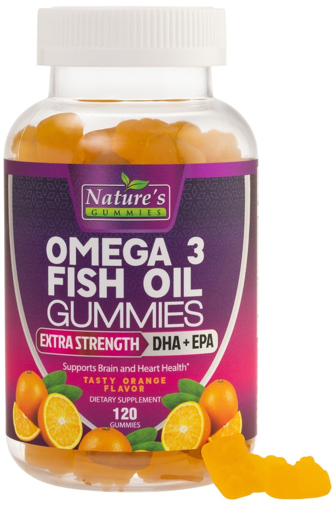 Omega 3 Huile de poisson Gommies, supplément de Gommy Omega 3 santé cardiaque avec haute absorption DHA & EPA, joint de force supplémentaire et soutien du cerveau, huile de poisson de saveur orange délicieuse Vitamine de la nature - 120 Gommies