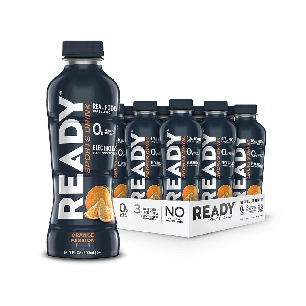 Ready® Sports Drink – Electrolyte Hydration con Super Fruit Carbs, B Vitamins & No Aggiunto Zucchero – Energia pulita per atleti e resistenza – Senza glutine, Vegan, Kosher – Arancione Passion (12-Pack)