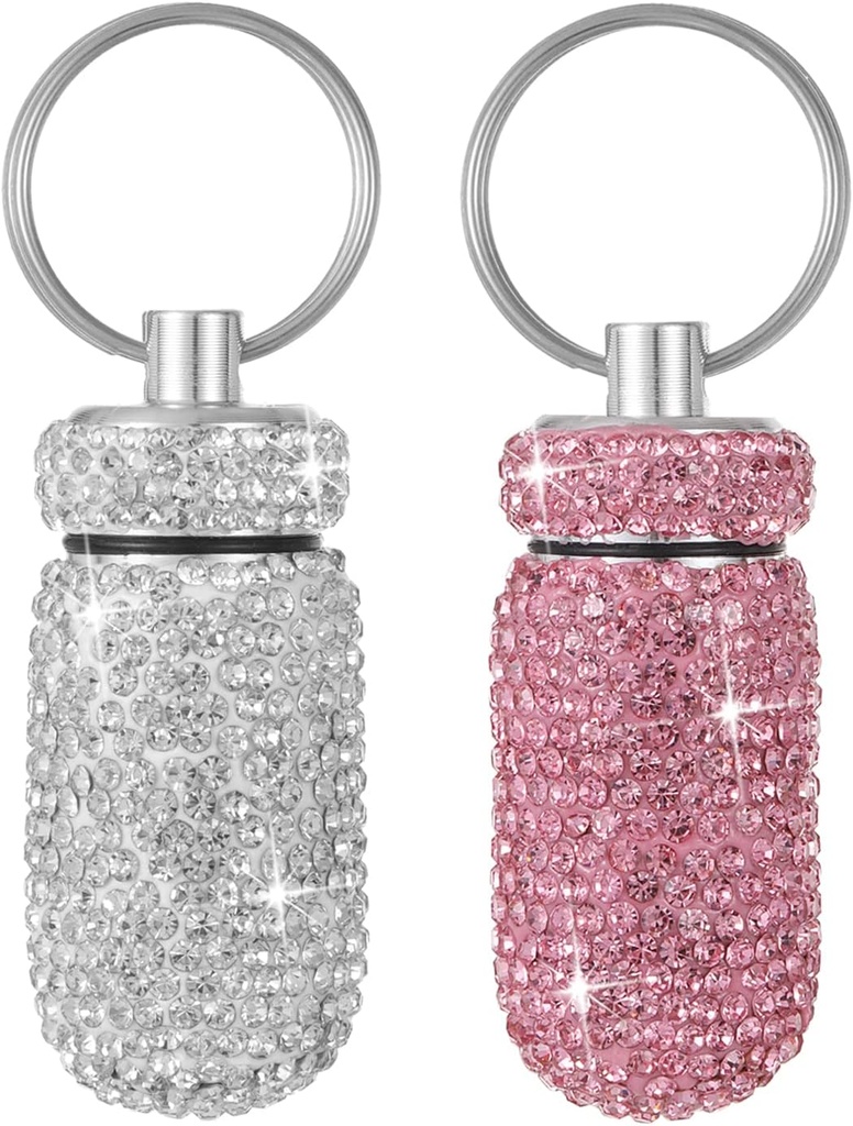 Bling Pill Case Portable Travel Pill Container bottiglia strass impermeabile piccolo portacandele con portachiavi scatola di stoccaggio mini pillole per il campeggio all'aperto (bianco rosa)