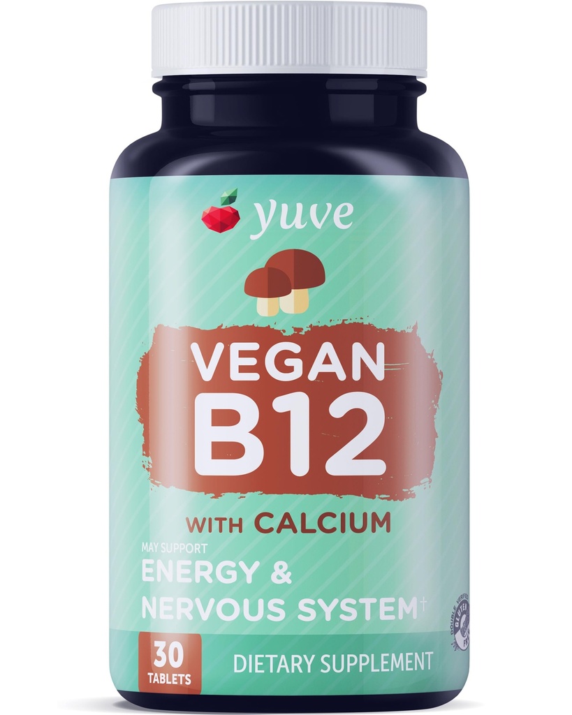Yuve Vegan B12 avec du calcium pour une absorption maximale - Énergie active et système nerveux central support - 1000mcg Cobalamine vitamine B 12 - naturel, non-OGM, sans gluten, sans sucre - 30 onglets