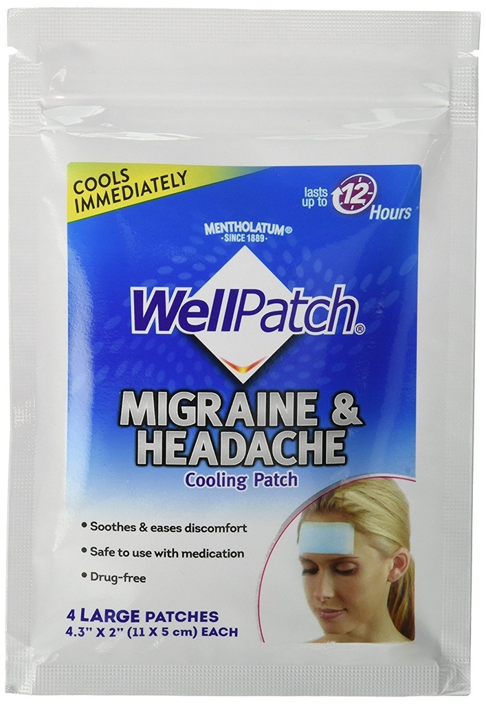 WellPatch Migraine & Headache Cooling Patch - Drug Free, dauert bis zu 12 Stunden, Safe to Use with Medication - Large Patches (4 Large Patches), Jede 4.3 x 2 in