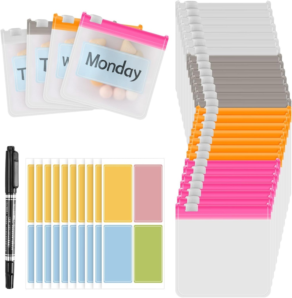 MARFOREVER 39 Pcs Pill Pouchs - Pill Poches Petits sacs de médecine Pill de voyage Organisateur réutilisable Translucide auto-étanchéité 28 Pcs Pill en plastique avec serrure à glissière 10 feuilles Étiquettes et 1 marqueur Pc
