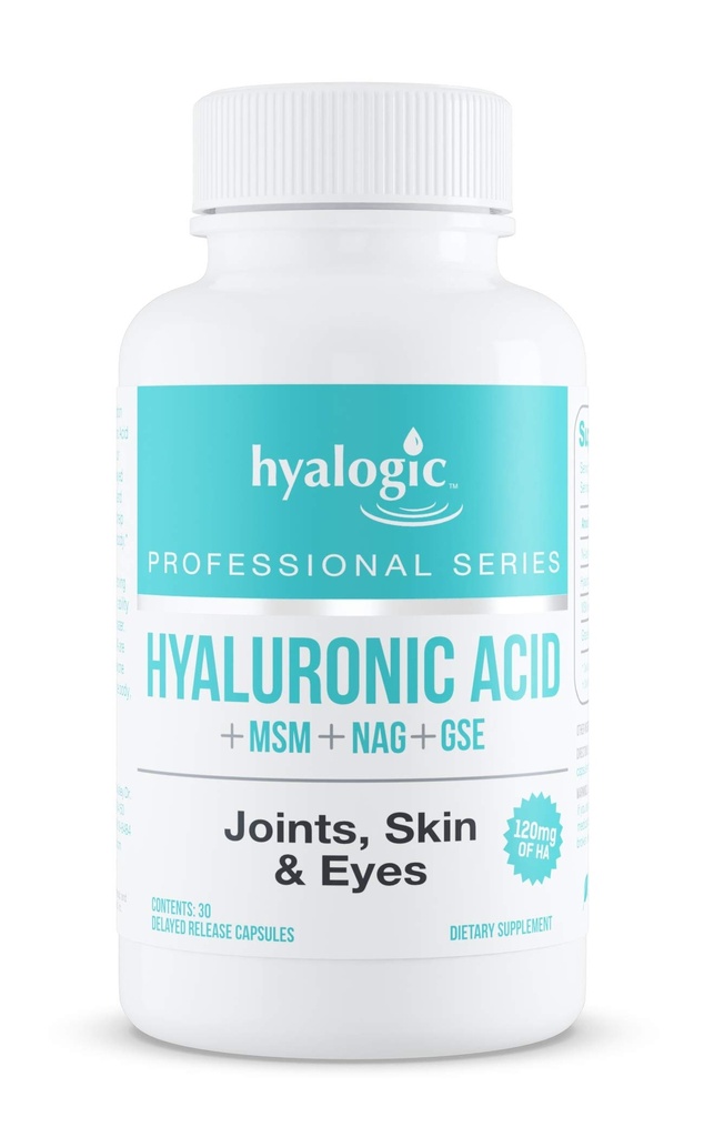 Hyalogic Hyaluronsäure Delayed Release Capsules | Combo Formula w/Glucosamine MSM | Unterstützt gesunde Gelenke, Augen und Haut und Gesamtkörper | Fördern Sie gesunde Haut | 120 mg | Non-GMO (30 Count)