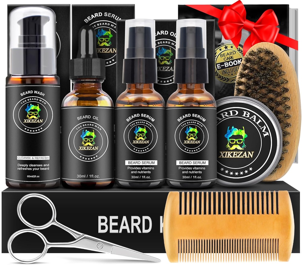 XIKEZAN Bart Kit für Herren Grooming & Care Set w/2 Pack Beard Serum, Wash, Öl, Balm, Comb, Brush, Scissor, Tasche, EBook, Einzigartige Geburtstagsgeschenke für Herren Ihm Dad Husband Brother Christmas Stocking Stuffers
