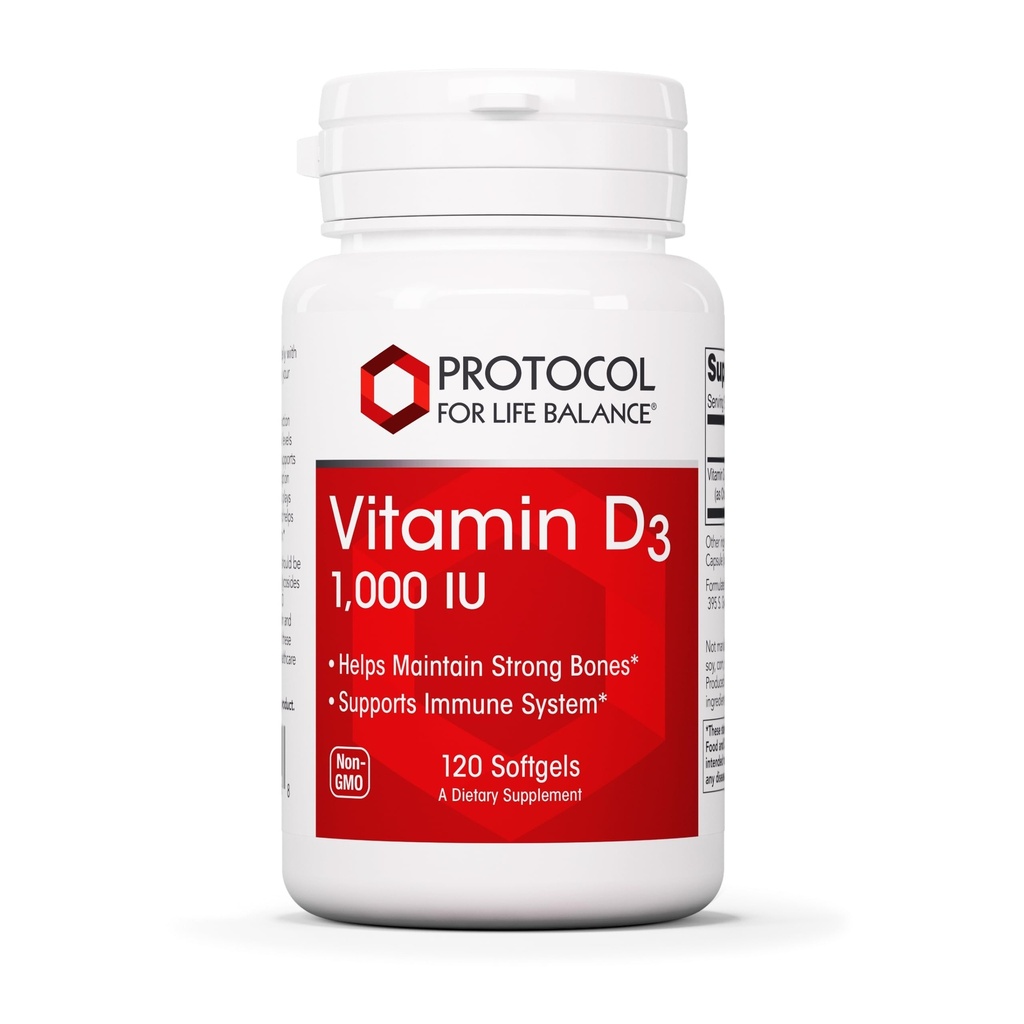 PROTOCOLE POUR LA BALANCE VIE Vitamine D3 1 000 UI - Soutien immunitaire Bons et dents forts - 120 Softgels