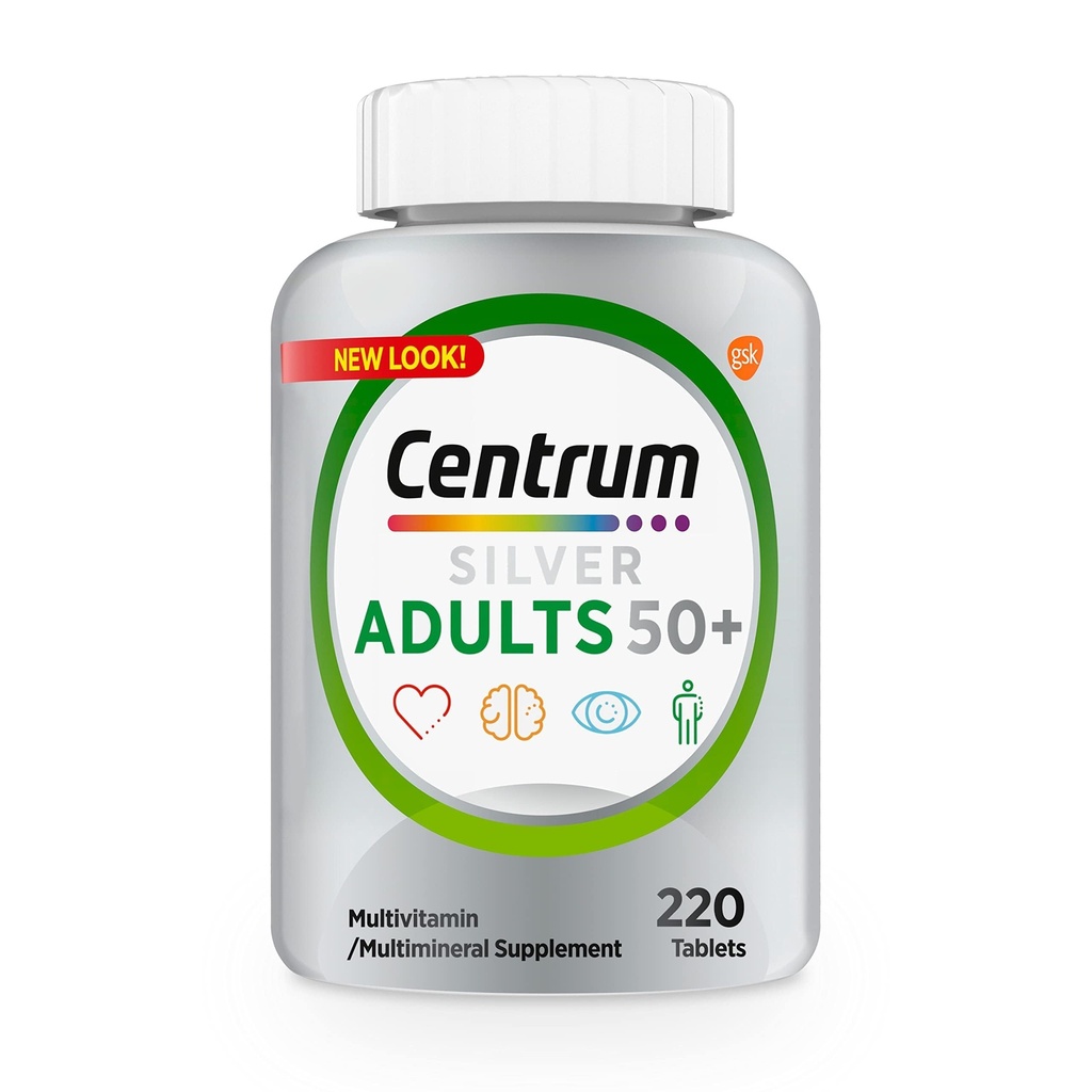 Centrum Silver Multivitamin per Adulti 50 Plus, Multivitamin/Multimineral Supplement, Vitamina D3, B Vitamine, Gluten Free, Ingredienti Non OGM, Supporta Memoria e Cognizione negli Adulti Anziani - 220 Ct
