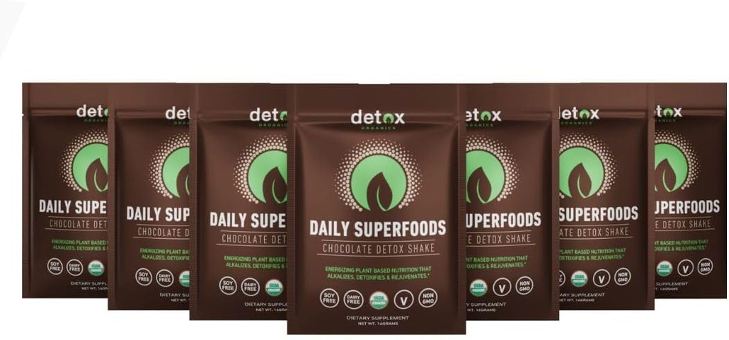 Detox Organics Chocolate Superfood Powder, Detox Cleanse for Your Body, Bloating Relief, Immune Support Supplement Smoothie Detox Mix, Greens Blend Superfood, Carb basso, Vegan (7 Day Detox Packets)