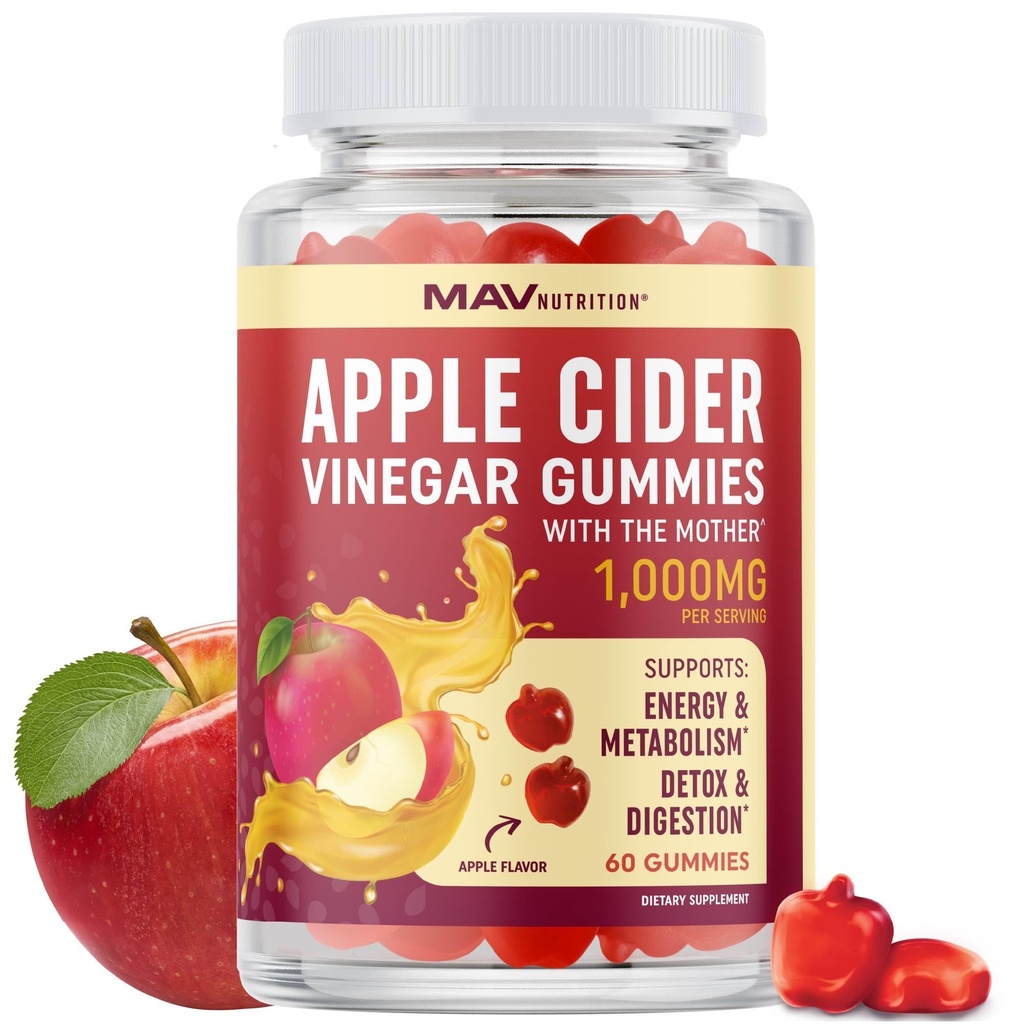 Bio Apfel Apfel Apfelessig Gummie für Verdauung, Detox & Gesunde Immunfunktion Unterstützung | 1000MG ACV Per Servieren | mit der Mutter, Vitamin B6, B12 & Folate | Vegan, Gluten-Free | 60 Gummie
