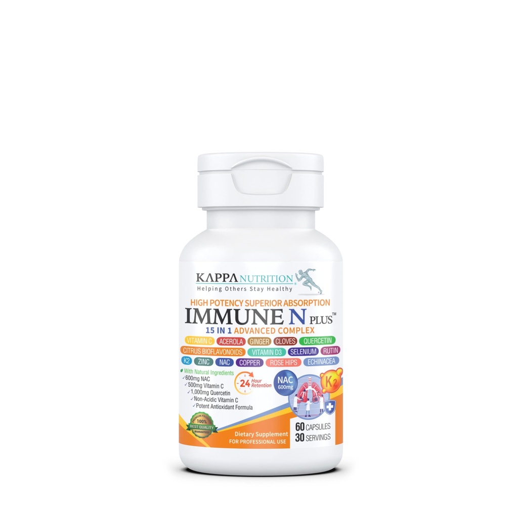 (60 capsule), NAC 600mg, Quercetin 1.000mg, Vitamina C 500mg, Zinc 50mg, Vitamina D3 5.000iu, Selenio, Rame, Acerola, Ginger, Rutin, Citrus Bioflavonoidi, Rose Hips, Echinacea, Immune N Plus 15 in 1