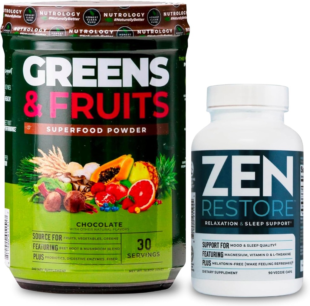 Nutrologia Greens & Fruits Powder-Naturally Sourced Superfood, Cioccolato (30 Serve) Zen Natural Magnesium Supplement (30 Serve)