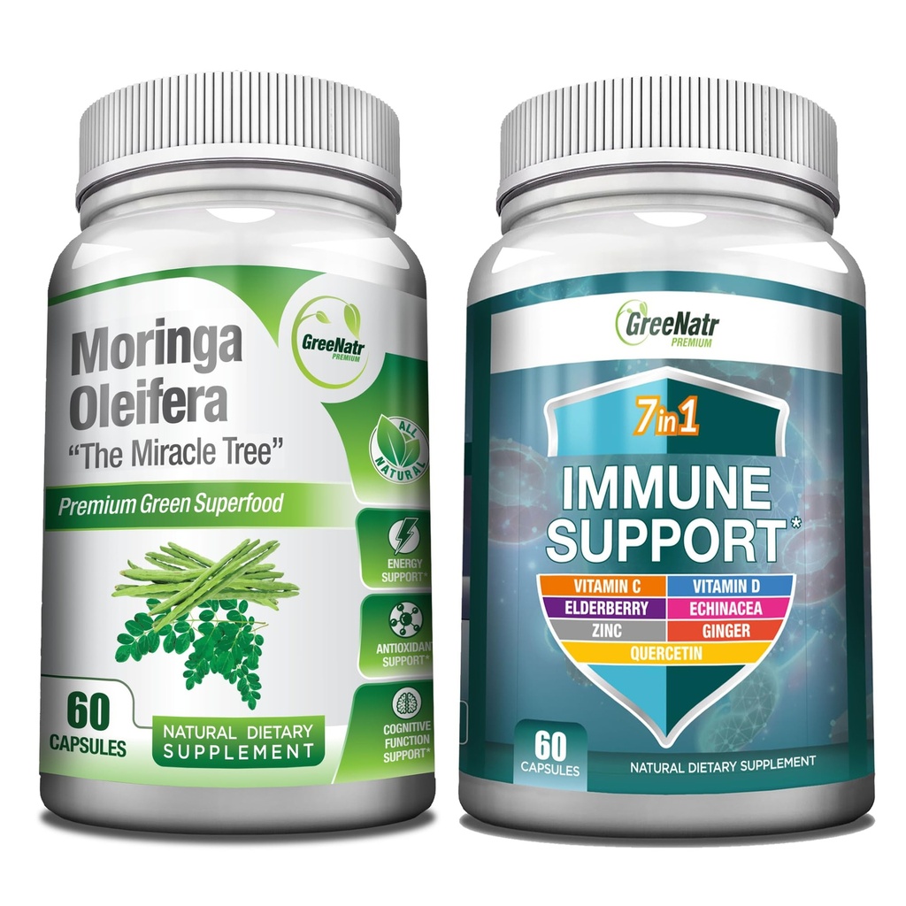 GreeNatr Energy Support & Immune Defense Bundle: Pure Moringa Oleifera Blatt Extrakt Veggie Kapseln (1000 mg) mit 7-in-1 Immununterstützung Formel für Energie, Stimmung, Gedächtnis, Fokus