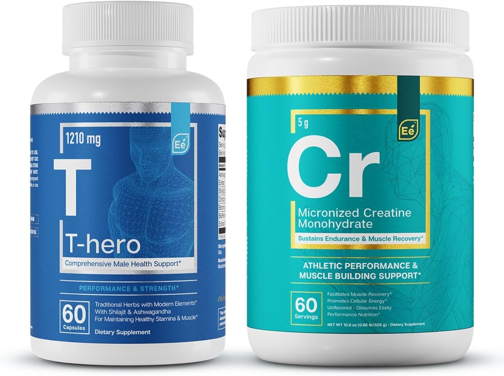 Éléments essentiels T-Hero + Monohydrate de créatine micronisée , Supplément Santé Homme - Soutien musculaire et T-Santé