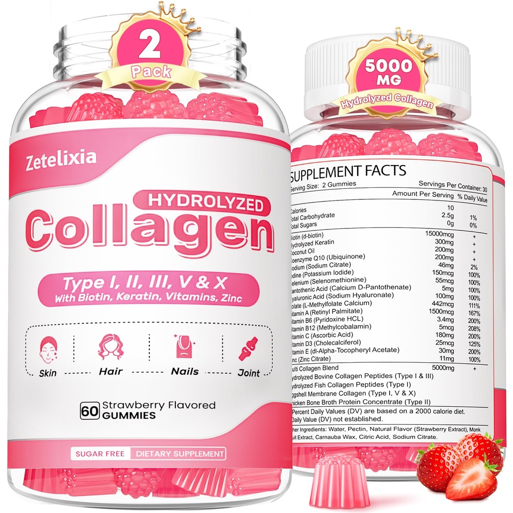 2 pacchi di collagene per uomini donne, collage idrolizzato Peptide tipo I,II,III,V,X con biotina, vitamina C A B D E per unghie dei capelli della pelle J0ints, Immunity Energy Digestion, Sugar Free, 120 Count
