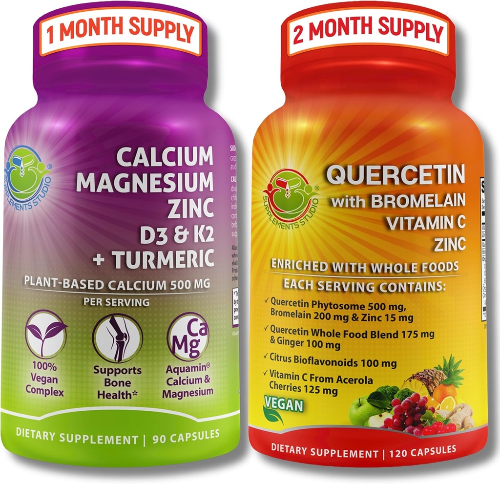 Bone & Immune Support Bundle - Quercetin 500mg con Bromelain, Zinco, Vitamina C & Organic Whole Foods + Plant-Based Calcium 500mg, Magnesium, D3, K2 & Turmeric - Vegan, Non OGM, Clean Label