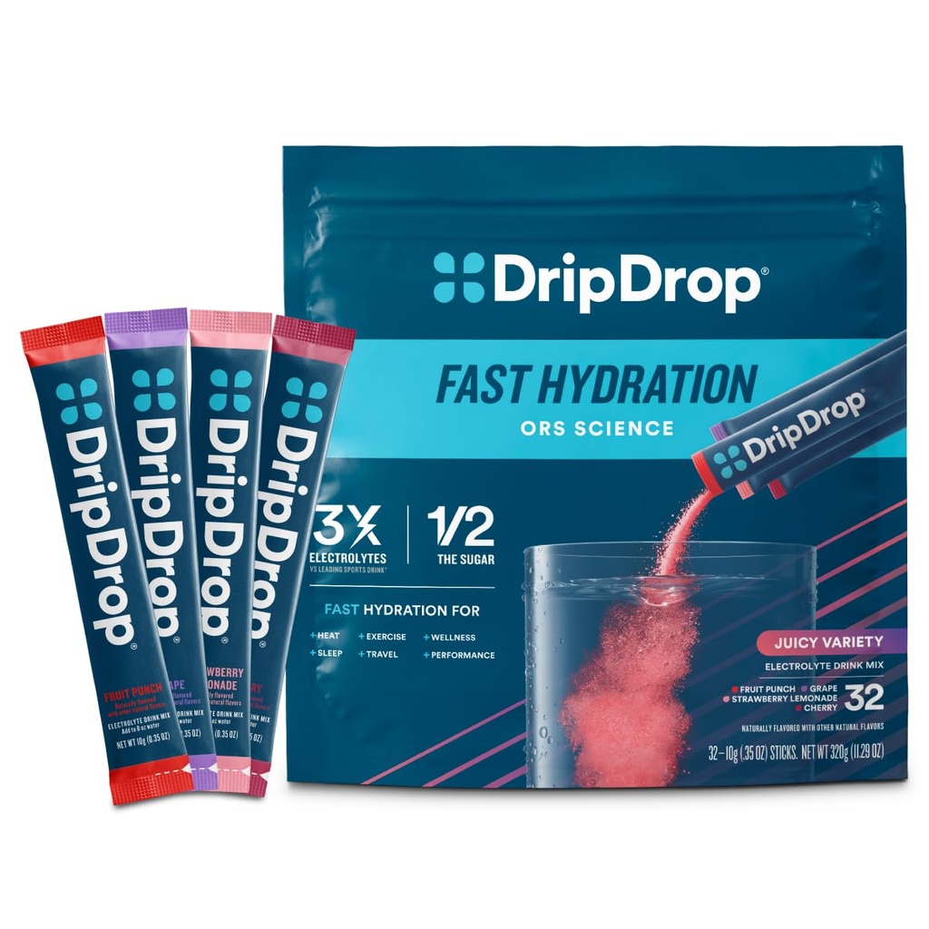 DripDrop Hydration Packets - Juicy Variety Pack - Single Serve Electrolytes Powder Drink Mix - Uva, Fruit Punch, Strawberry Lemonade, Cherry - Non-GMO, Gluten Free, Vegan - 32 Sticks