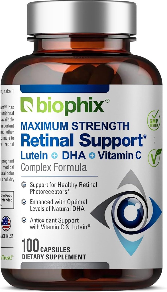 biophix Retinal Support Maximum Strength Complex Formula 100 Capsules - Zinc Vitamin C E Lutein DHA Omega-3 Astaxanthin Hyaluronic Acid - Supports Eye Vision Health