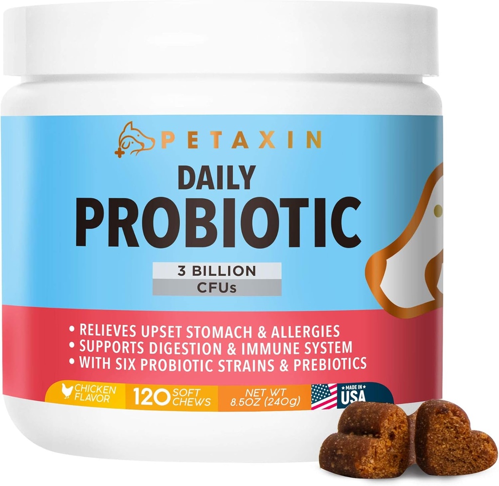 Probiotici per Cani - 6 Strains con Prebiotici - Supporti Sistema Digestivo e Immune – Rilievo per Diarrea, Respiro cattivo, Allergie, Gas, Costipazione, Spot Caldi - Made in USA - 120 Chews