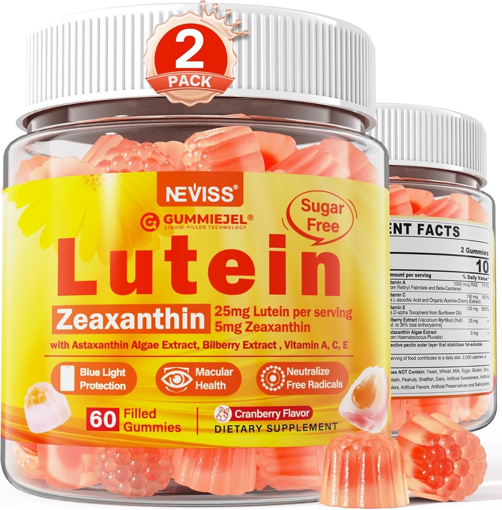 2 Pack Lutein and Zeaxanthin Supplements Gummies (25mg) Vitamins A, C, E, Bilberry, Astaxanthin - Coconut Oil for Better Absorption - for Adults & Teens Vision, Eye, Brain, Skin - Vegan, Sugar Free
