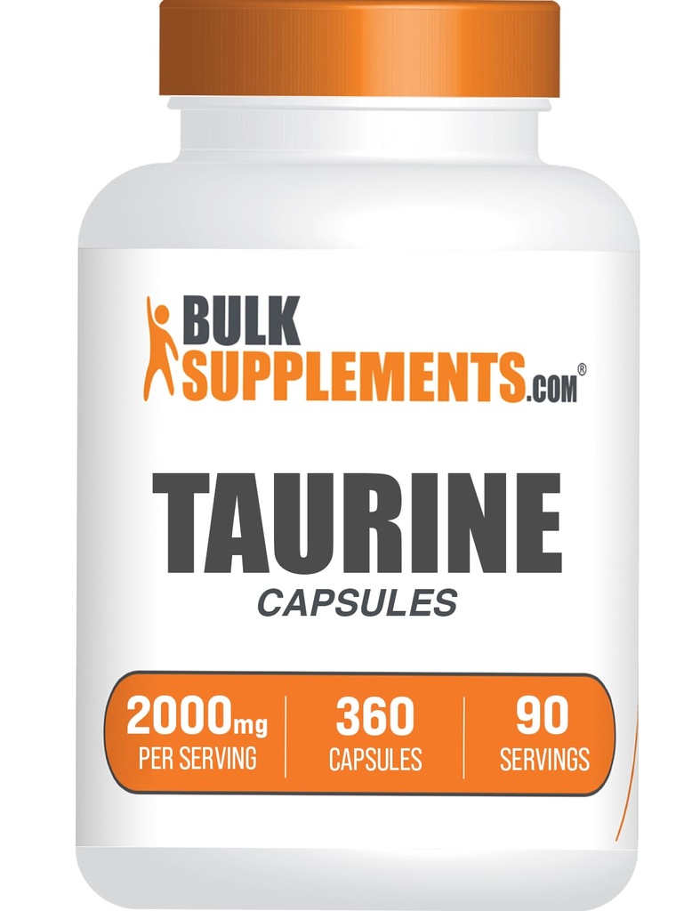 BulkSupplements.com Capsules Taurine - Supplément Taurine, Taurine 2000mg, Acides aminés pour la santé cardiaque, pilules Taurine - Sans gluten, 4 gélules Taurine 500mg par portion (2000mg), 360 gélules