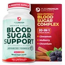 PurePremium Normal Blood Sugar Support Supplement - 20 Active Ingredients Complex to Support Blood Sugar Levels Already in The Normal Range - with Cinnamon, Bitter Melon, Chromium, Mulberry - 120ct