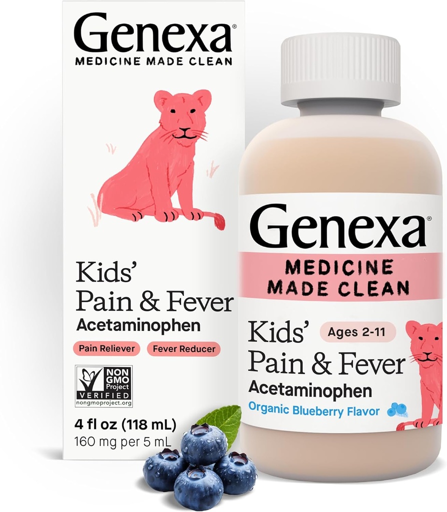 Genexa Kids' Acetaminophen Pain & Fever Oral Suspension Medicine - 4oz - Per i bambini 2 - 11 anni Vecchio, temporaneamente allevia i sintomi di dolore e febbre, 160 mg per 5 mL- Organic Blueberry Flavor