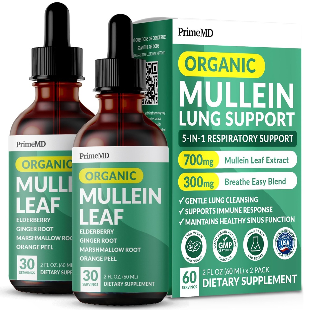 5-in-1 Gocce di Mullein per polmoni e Bronchial - Respiratory Lung Health Support con Mullen Leaf Extract for Lungs - Mullein Tincture with Elderberry, Echinacea and Ginger Root (60 Servings) (2-pack)