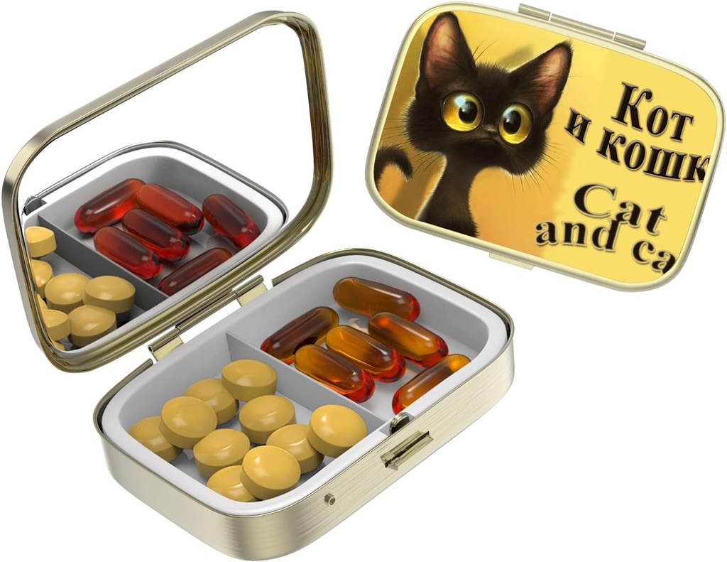 Süße kleine Pille Fall für Taschen & Geldbörsen,Elegante Pille Box macht ein großes Geschenk,2 Compartment Reisemedizin Organizer speichert Progesterone, Kapsel Pillen, Ibuprofen, Vitamine, Ohrringe Back-Bronze Katze