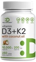 SUPPLÉMENT DE DÉLAI Vitamine D3 10 000 UI + K2 MK7 200mcg Softgels, 250 Comte de complexe 2-en-1 avec huile de coco vierge
