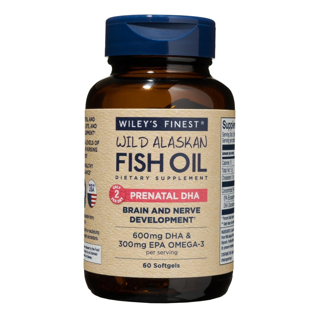 Wiley's Finest Wild Alaskan Fish Oil Prenatal DHA - 900mg EPA e DHA Omega-3s per donne incinte e madri infermieranti - 60 Softgels (30 Prenatal Vitamin Servings)