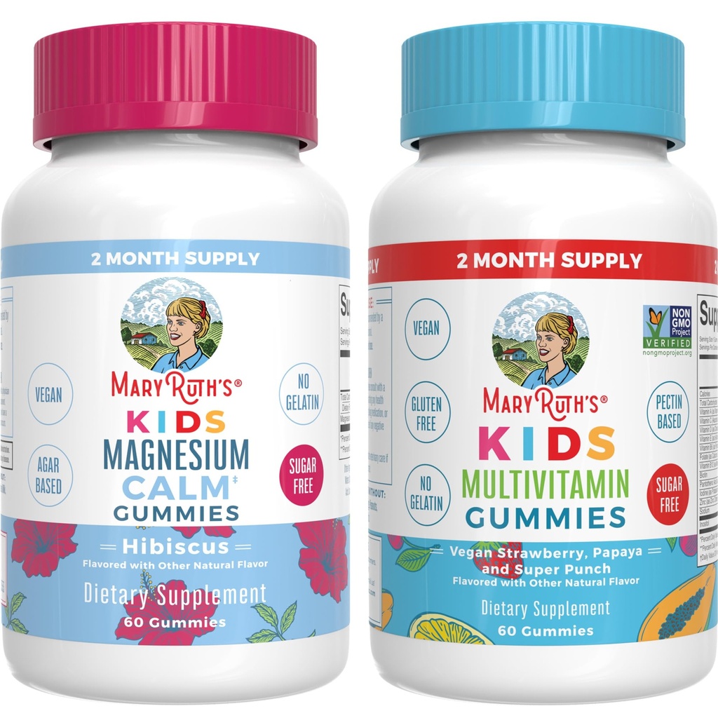 MaryRuth Organics Multivitamin (Strawberry) e Magnesium Calm Gummies (Hibiscus) per bambini | Clean Label Project Verified® | Vitamine per il benessere complessivo e Sleep| Vegan, Non OGM, Gluten Free
