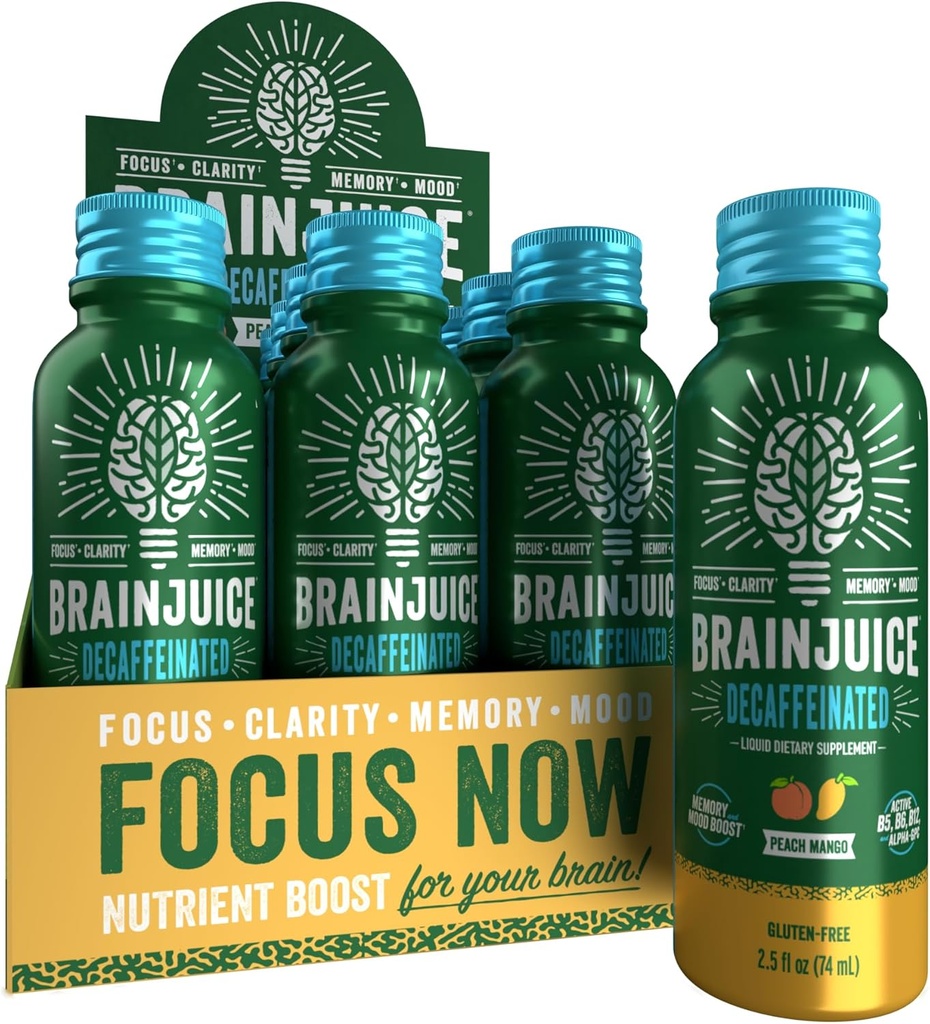 BrainJuice Decaf Brain Support Shot, Glutenfreie Ergänzung Shots für Energie & Fokus, Gesunde Getränke mit Alpha GPC, Vitamin B & Decaffeinated Green Tea Leaf, Peach Mango, 2.5 fl oz, 12 Pack