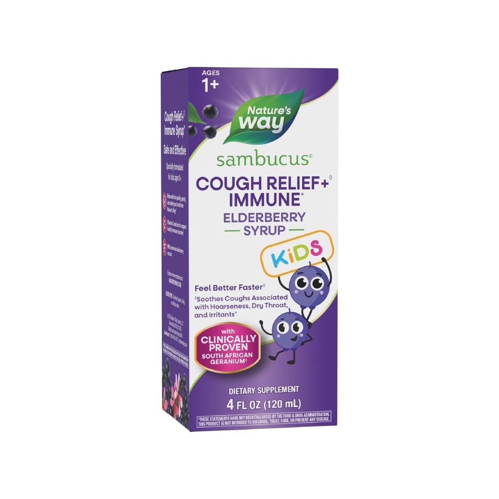 Nature’s Way Sambucus Kids Cough Relief +♢ Immune Syrup*, Feel Better Faster♢, Clinical Proven South African Geranium, mit Elderberry Extrakt, Vitamin C & Zink, Glutenfrei, Vegan, 4 Fl Oz
