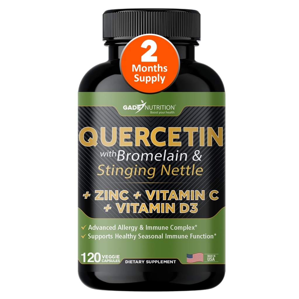 Quercetin mit Vitamin C und Zink - Nettle Quercetin - Quercetin 500mg - Quercetin mit Bromelain - Zink Quercetin + Vitamin D3 - 120 Veggie Caps - (Non-GMO, Gluten-Free, Vegan) - 2 Monate Versorgung