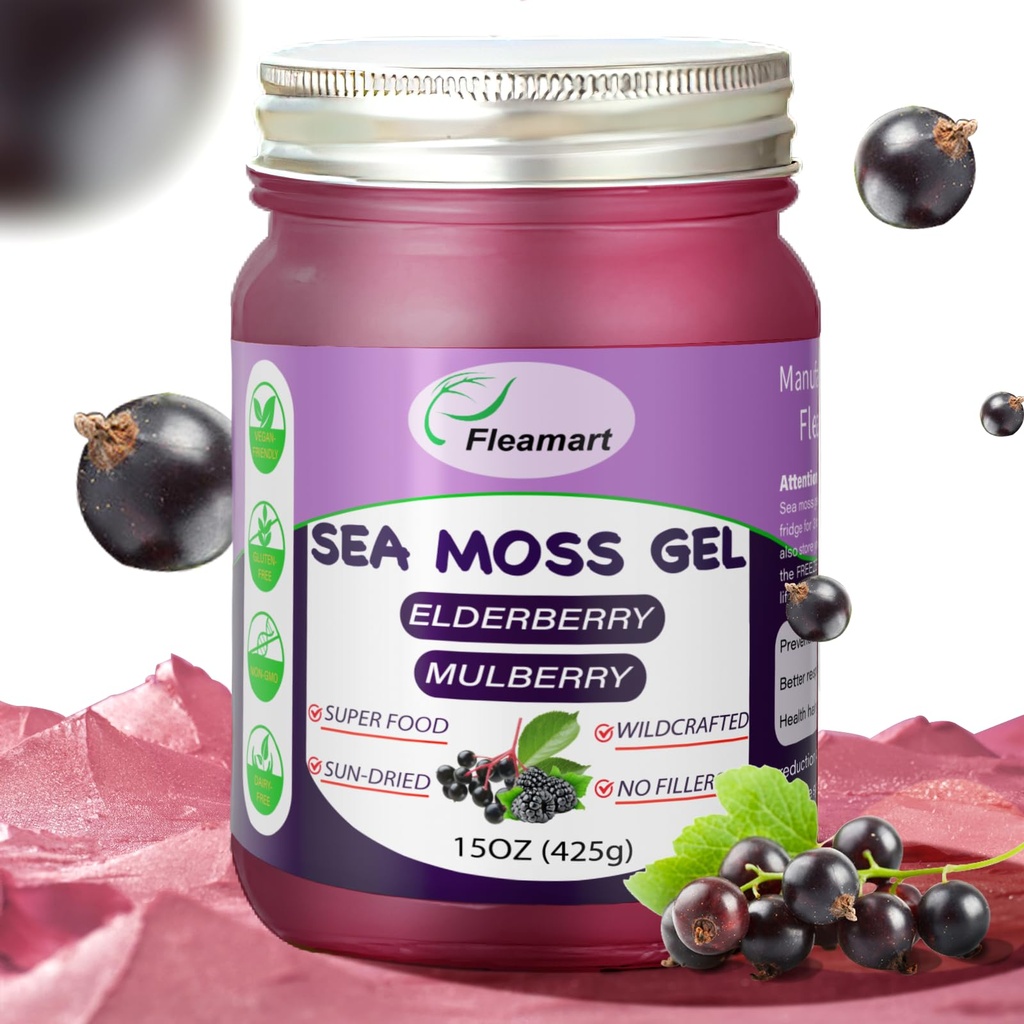 Sea Moss Gel - Natural Wildcrafted Irish Sea Moss Gel Non OGM, Elderberry Flavor 15 OZ
