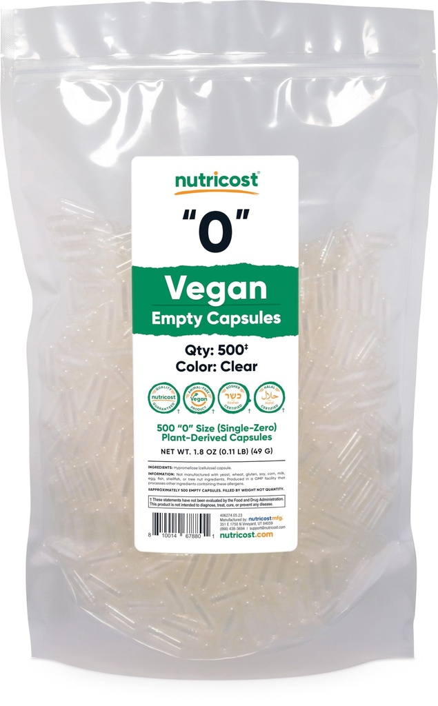 Nutricost Leere Kapseln Größe 0 Vegan - 500 Klare leere pflanzenbasierte Kapseln - Kosher Zertifiziert, Halal Zertifiziert, Non-GMO, Soy Free, Glutenfrei, Vegetarisch